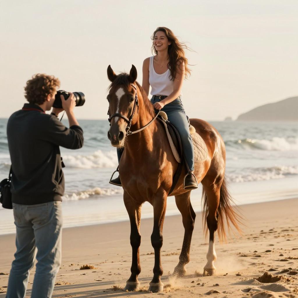 Generated golden-hour photo of a laughing woman riding a horse on the beach as a photographer captures her